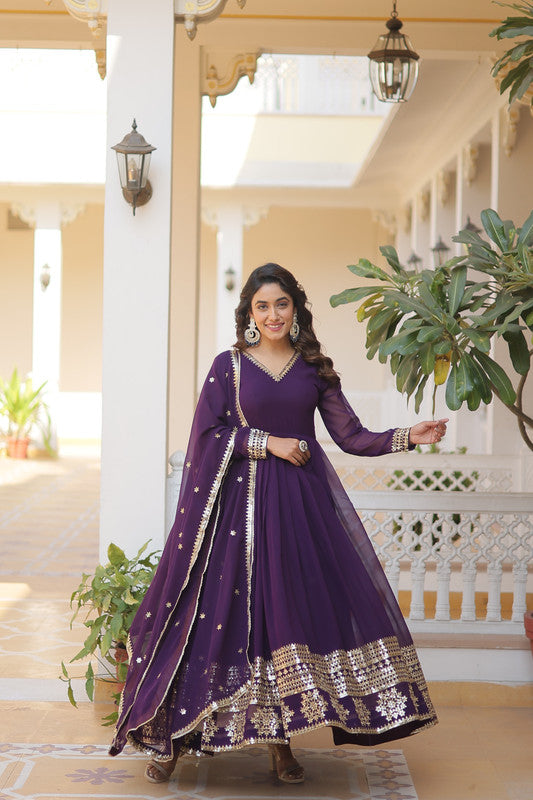 Jyoti Fashion Women's Purple Faux Blooming Sequins Embroidered Partywear Anarkali Dress with Dupatta