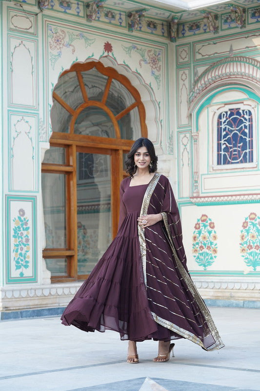 Jyoti Fashion Women's Coffee Faux Georgette Frill Work Partywear Anarkali Dress with Dupatta