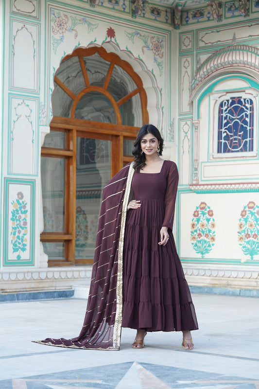 Jyoti Fashion Women's Coffee Faux Georgette Frill Work Partywear Anarkali Dress with Dupatta