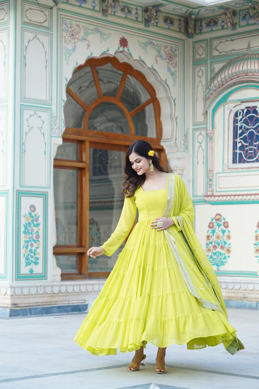 Jyoti Fashion Women's Parrot Green Faux Georgette Frill Work Partywear Anarkali Dress with Dupatta