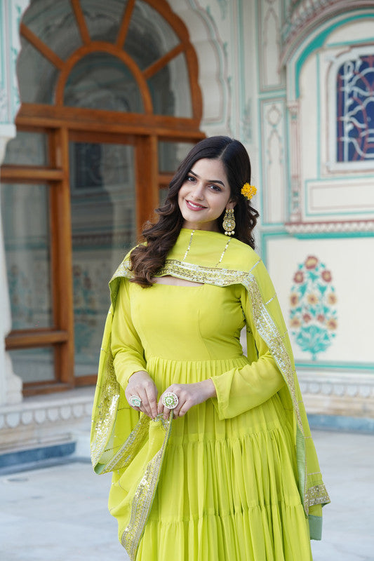 Jyoti Fashion Women's Parrot Green Faux Georgette Frill Work Partywear Anarkali Dress with Dupatta