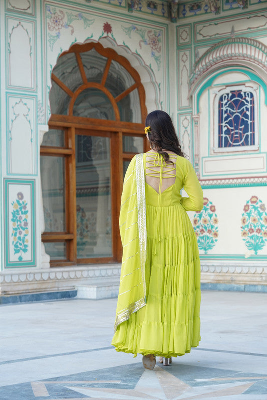 Jyoti Fashion Women's Parrot Green Faux Georgette Frill Work Partywear Anarkali Dress with Dupatta