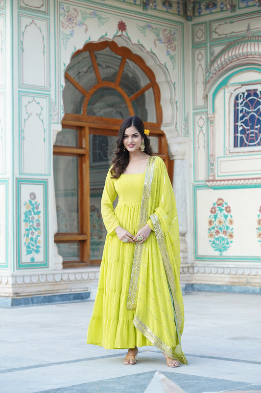 Jyoti Fashion Women's Parrot Green Faux Georgette Frill Work Partywear Anarkali Dress with Dupatta