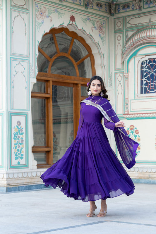 Jyoti Fashion Women's Purple Faux Georgette Frill Work Partywear Anarkali Dress with Dupatta