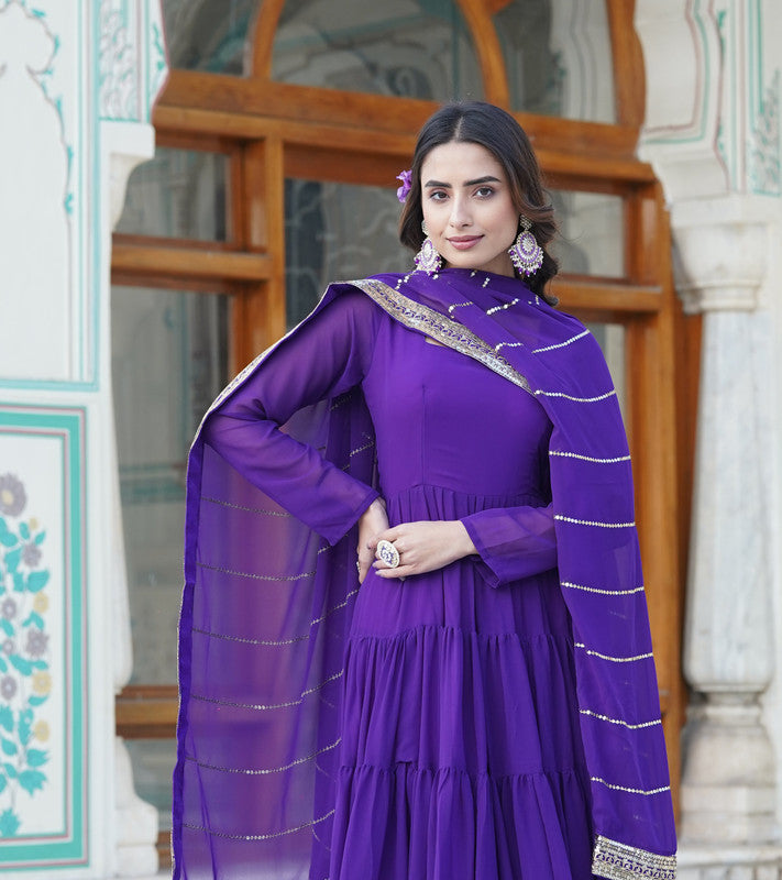 Jyoti Fashion Women's Purple Faux Georgette Frill Work Partywear Anarkali Dress with Dupatta