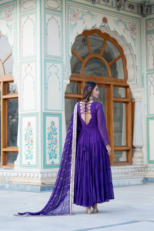 Jyoti Fashion Women's Purple Faux Georgette Frill Work Partywear Anarkali Dress with Dupatta
