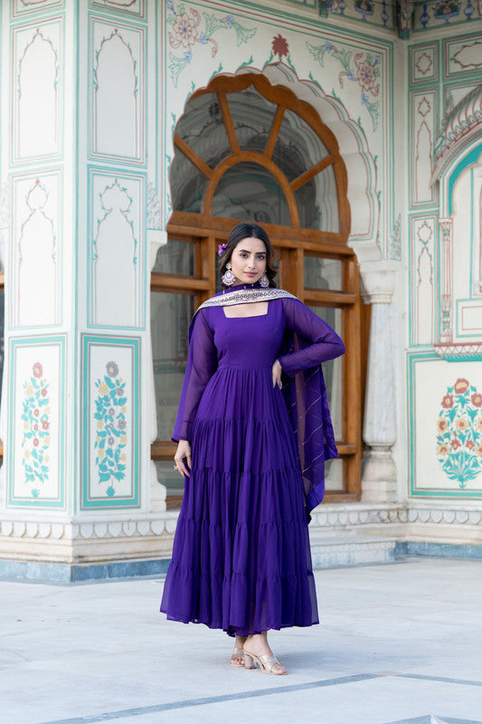 Jyoti Fashion Women's Purple Faux Georgette Frill Work Partywear Anarkali Dress with Dupatta