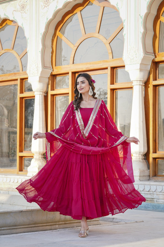 Jyoti Fashion Women's Rani Pink Faux Georgette Frill Work Partywear Anarkali Dress with Dupatta