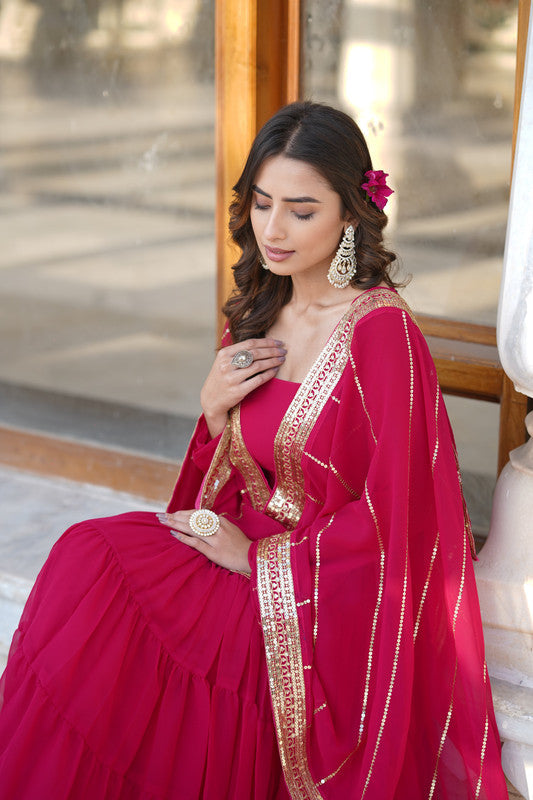 Jyoti Fashion Women's Rani Pink Faux Georgette Frill Work Partywear Anarkali Dress with Dupatta