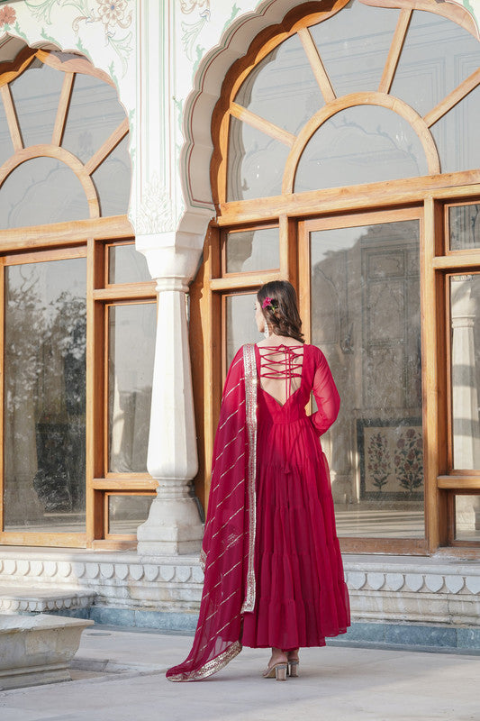 Jyoti Fashion Women's Rani Pink Faux Georgette Frill Work Partywear Anarkali Dress with Dupatta