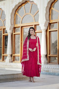 Jyoti Fashion Women's Rani Pink Faux Georgette Frill Work Partywear Anarkali Dress with Dupatta