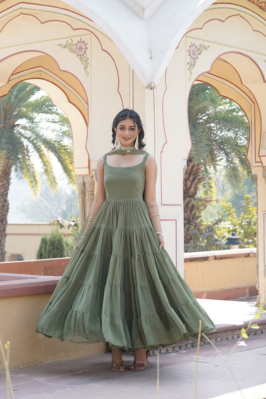 Jyoti Fashion Women's Green Faux Georgette Frill Work Partywear Anarkali Dress with Dupatta