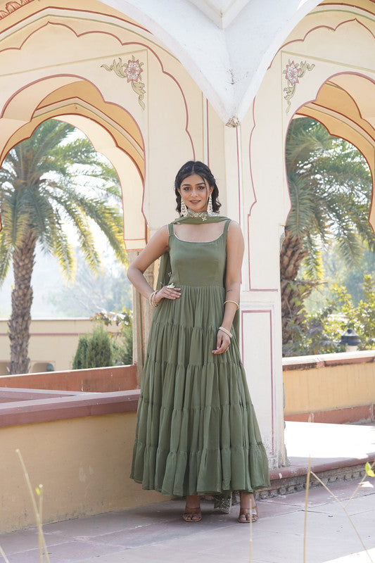 Jyoti Fashion Women's Green Faux Georgette Frill Work Partywear Anarkali Dress with Dupatta