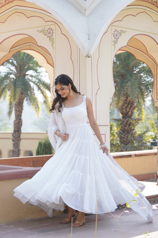 Jyoti Fashion Women's White Faux Georgette Frill Work Partywear Anarkali Dress with Dupatta