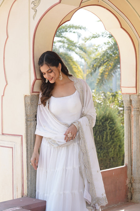 Jyoti Fashion Women's White Faux Georgette Frill Work Partywear Anarkali Dress with Dupatta