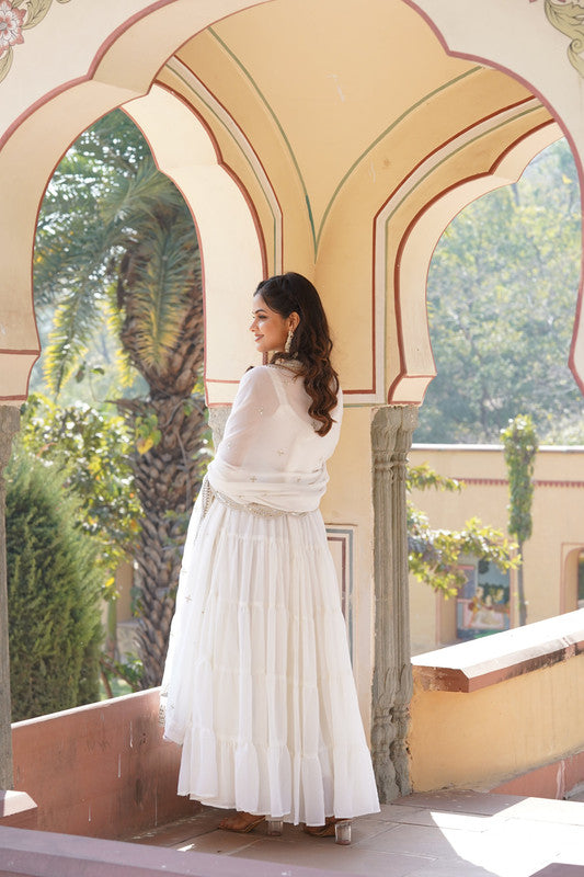 Jyoti Fashion Women's White Faux Georgette Frill Work Partywear Anarkali Dress with Dupatta