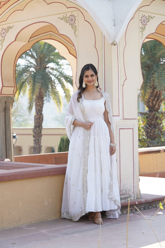 Jyoti Fashion Women's White Faux Georgette Frill Work Partywear Anarkali Dress with Dupatta