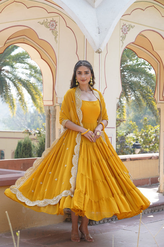 Jyoti Fashion Women's Yellow Faux Georgette Frill Work Partywear Anarkali Dress with Dupatta