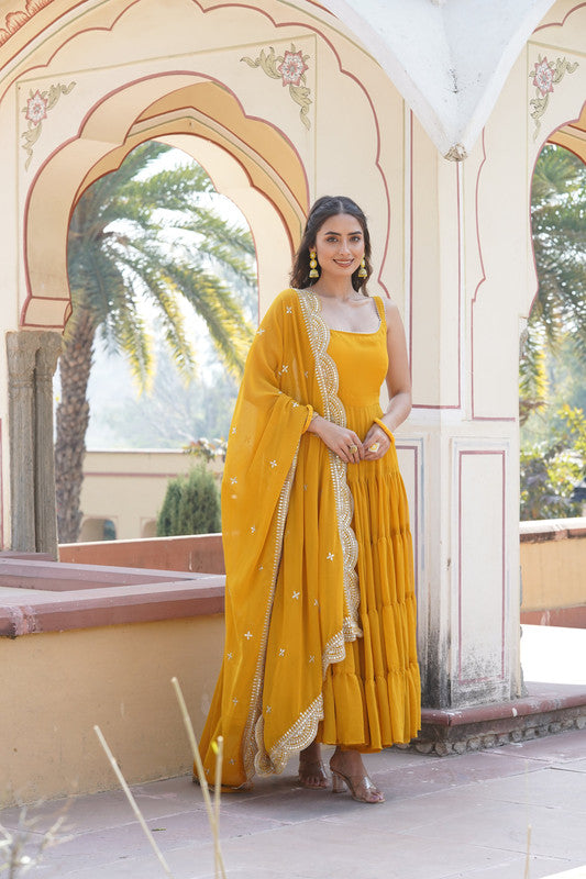 Jyoti Fashion Women's Yellow Faux Georgette Frill Work Partywear Anarkali Dress with Dupatta