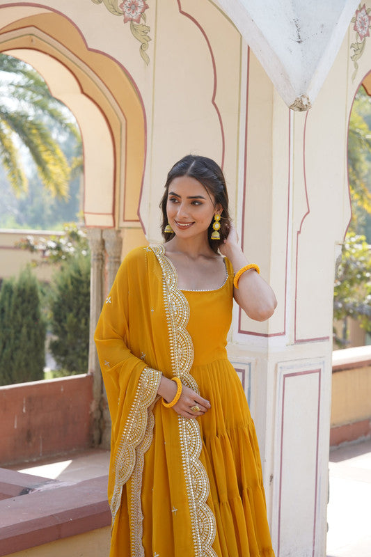 Jyoti Fashion Women's Yellow Faux Georgette Frill Work Partywear Anarkali Dress with Dupatta