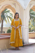 Jyoti Fashion Women's Yellow Faux Georgette Frill Work Partywear Anarkali Dress with Dupatta