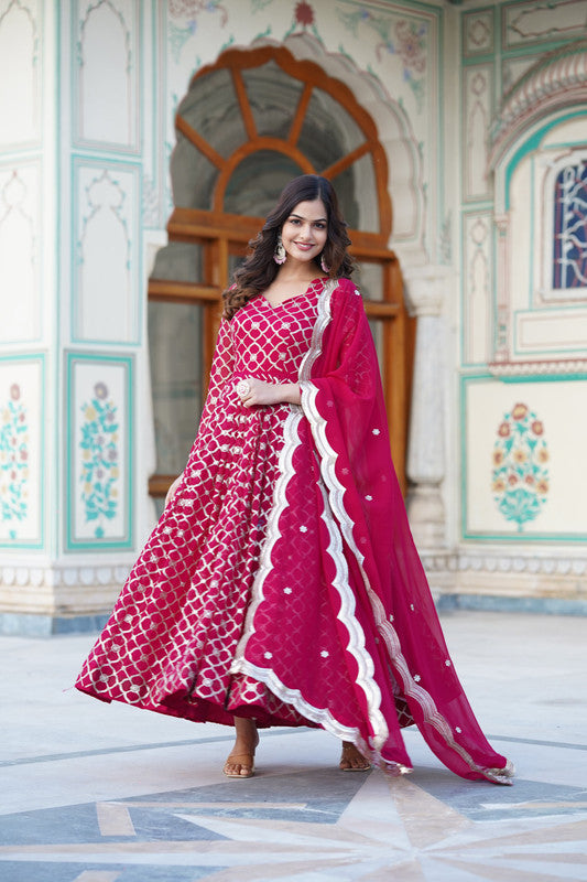 Jyoti Fashion Women's Rani Pink Faux Blooming Sequins Embroidered Partywear Anarkali Dress with Dupatta