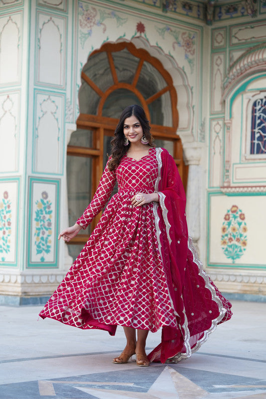 Jyoti Fashion Women's Rani Pink Faux Blooming Sequins Embroidered Partywear Anarkali Dress with Dupatta