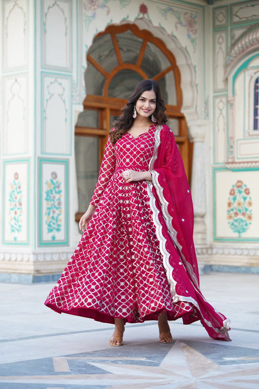 Jyoti Fashion Women's Rani Pink Faux Blooming Sequins Embroidered Partywear Anarkali Dress with Dupatta