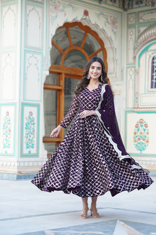 Jyoti Fashion Women's Wine Faux Blooming Sequins Embroidered Partywear Anarkali Dress with Dupatta