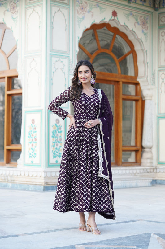 Jyoti Fashion Women's Wine Faux Blooming Sequins Embroidered Partywear Anarkali Dress with Dupatta