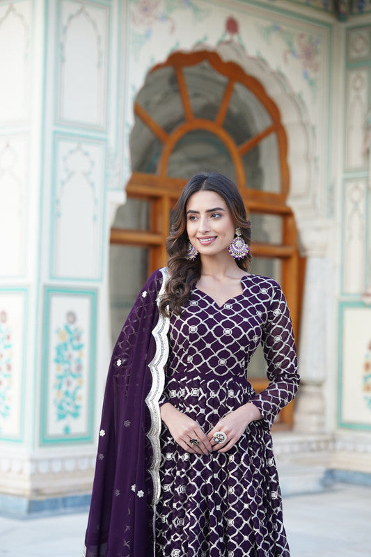 Jyoti Fashion Women's Wine Faux Blooming Sequins Embroidered Partywear Anarkali Dress with Dupatta
