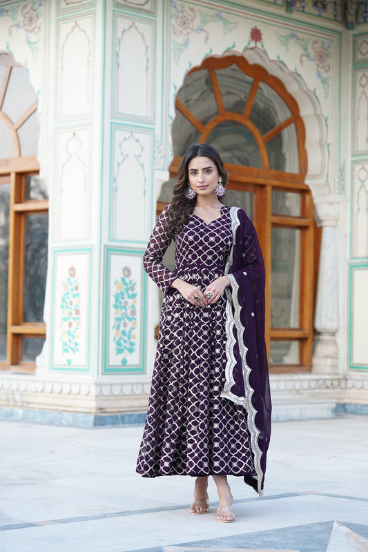 Jyoti Fashion Women's Wine Faux Blooming Sequins Embroidered Partywear Anarkali Dress with Dupatta