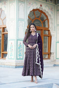 Jyoti Fashion Women's Wine Faux Blooming Sequins Embroidered Partywear Anarkali Dress with Dupatta
