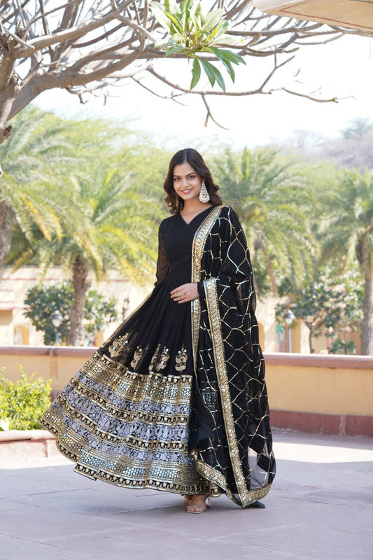 Jyoti Fashion Women's Black Faux Blooming Sequins Embroidered Partywear Anarkali Dress with Dupatta