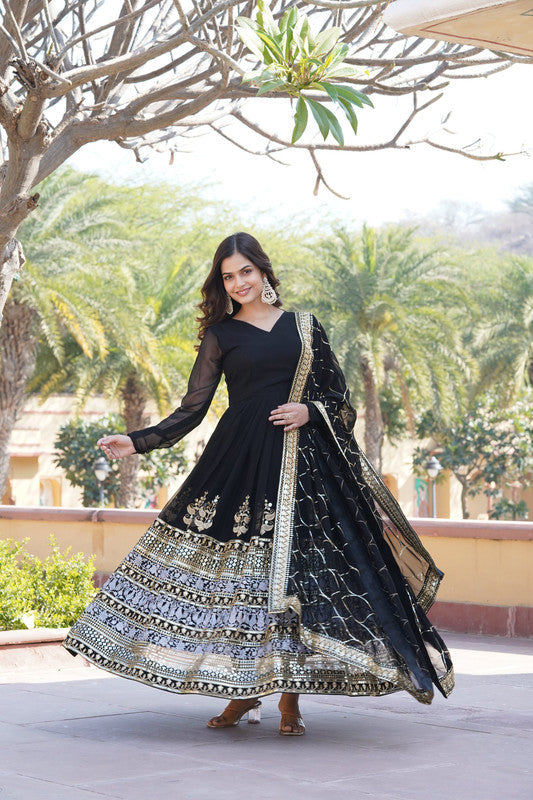 Jyoti Fashion Women's Black Faux Blooming Sequins Embroidered Partywear Anarkali Dress with Dupatta