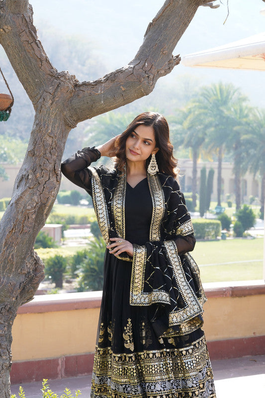 Jyoti Fashion Women's Black Faux Blooming Sequins Embroidered Partywear Anarkali Dress with Dupatta