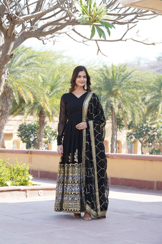 Jyoti Fashion Women's Black Faux Blooming Sequins Embroidered Partywear Anarkali Dress with Dupatta