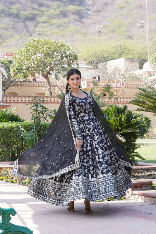 Jyoti Fashion Women's Black Viscose Jacquard with Sequins Embroidered Anarkali Dress with Dupatta