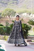 Jyoti Fashion Women's Black Viscose Jacquard with Sequins Embroidered Anarkali Dress with Dupatta