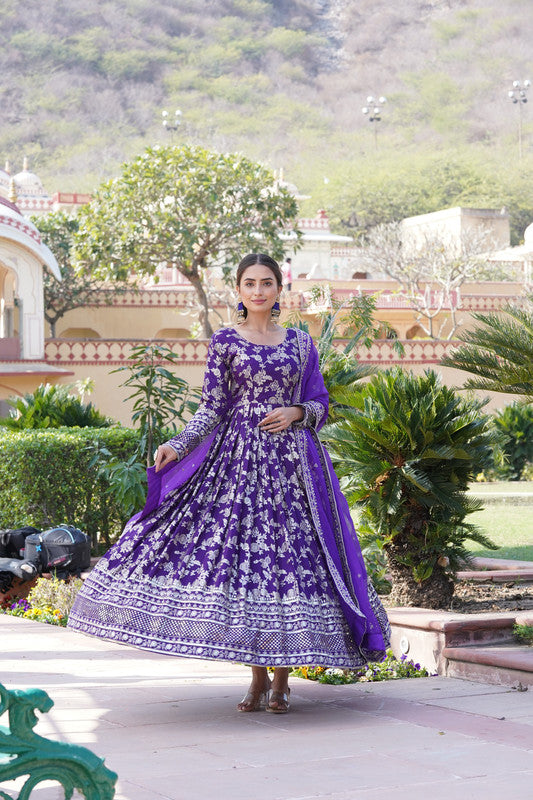 Jyoti Fashion Women's Purple Viscose Jacquard with Sequins Embroidered Anarkali Dress with Dupatta