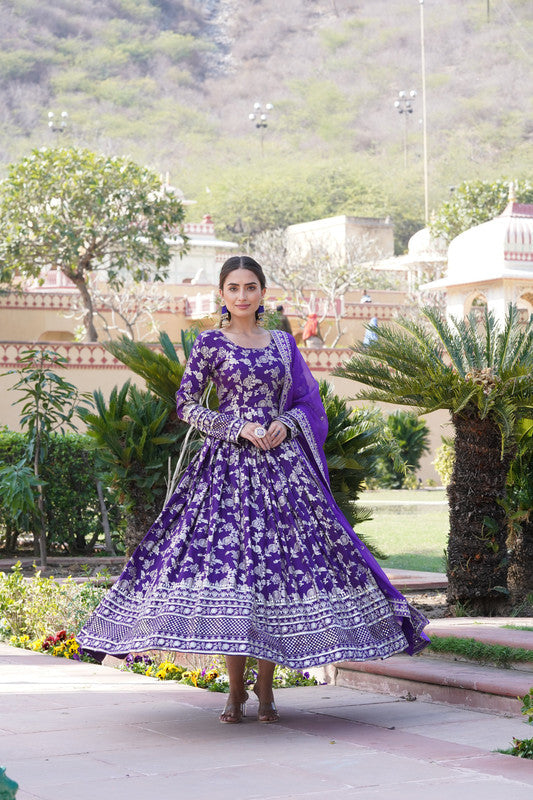 Jyoti Fashion Women's Purple Viscose Jacquard with Sequins Embroidered Anarkali Dress with Dupatta