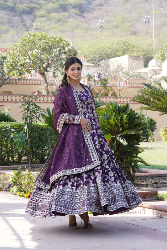 Jyoti Fashion Women's Wine Viscose Jacquard with Sequins Embroidered Anarkali Dress with Dupatta