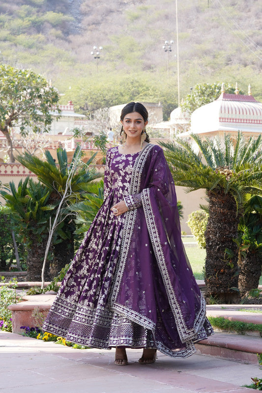 Jyoti Fashion Women's Wine Viscose Jacquard with Sequins Embroidered Anarkali Dress with Dupatta