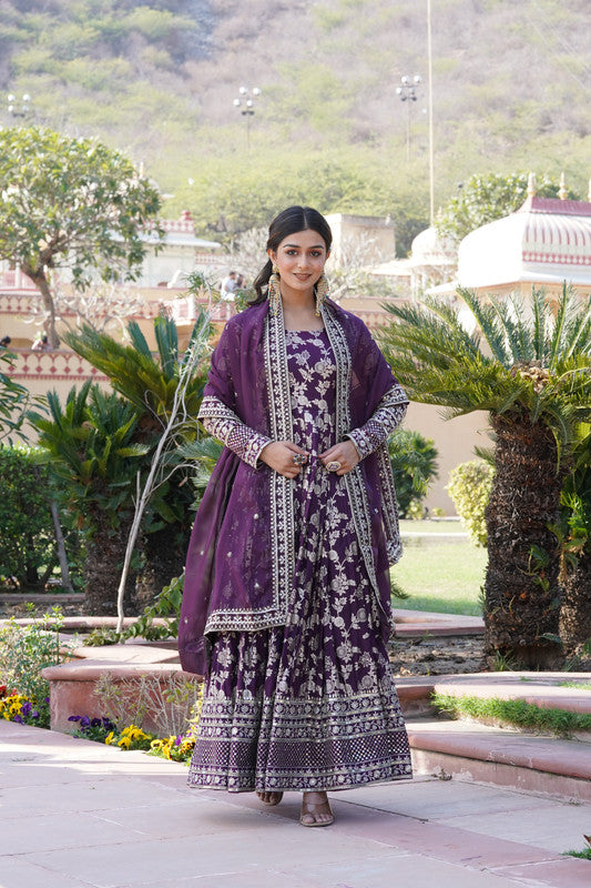 Jyoti Fashion Women's Wine Viscose Jacquard with Sequins Embroidered Anarkali Dress with Dupatta