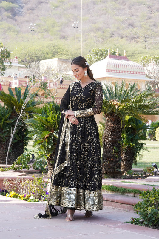Jyoti Fashion Women's Black Faux Blooming Sequins Thread Embroidered Anarkali Dress with Dupatta