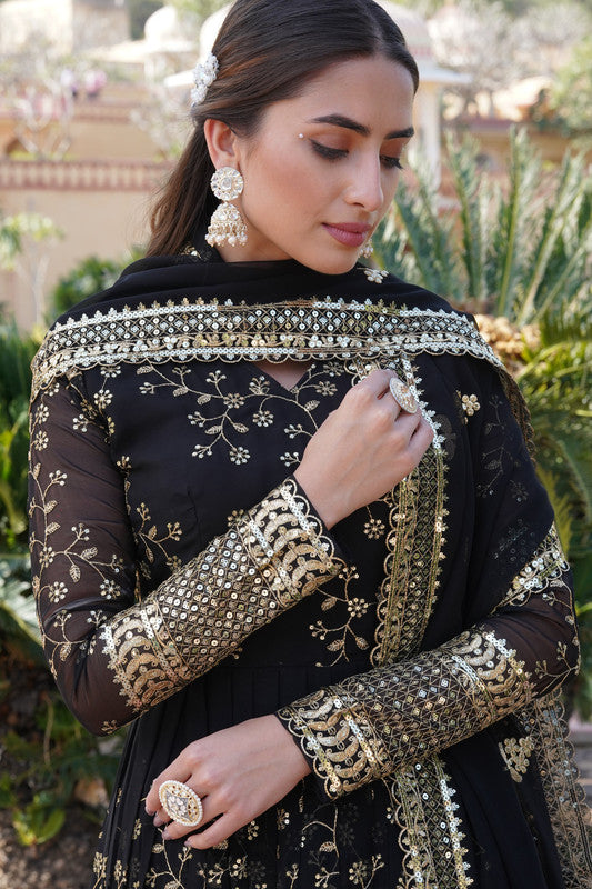 Jyoti Fashion Women's Black Faux Blooming Sequins Thread Embroidered Anarkali Dress with Dupatta