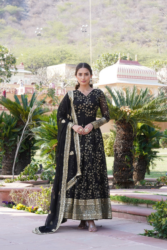 Jyoti Fashion Women's Black Faux Blooming Sequins Thread Embroidered Anarkali Dress with Dupatta