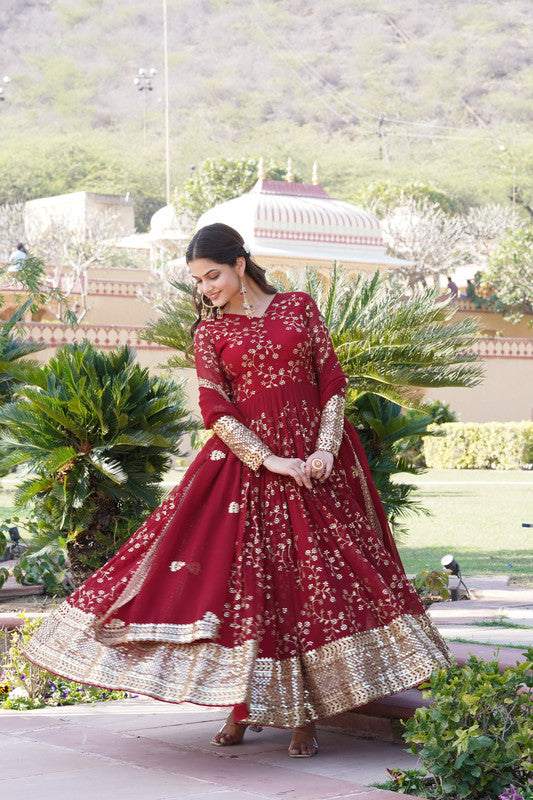 Jyoti Fashion Women's Maroon Faux Blooming Sequins Thread Embroidered Anarkali Dress with Dupatta