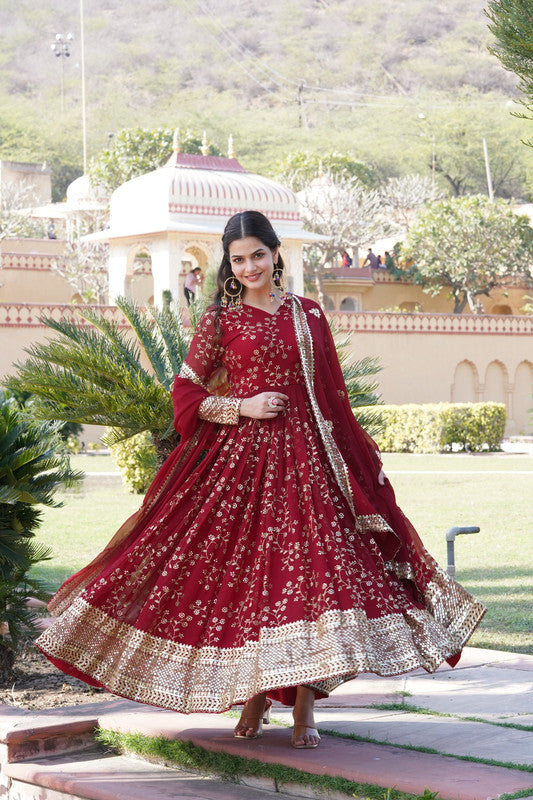 Jyoti Fashion Women's Maroon Faux Blooming Sequins Thread Embroidered Anarkali Dress with Dupatta