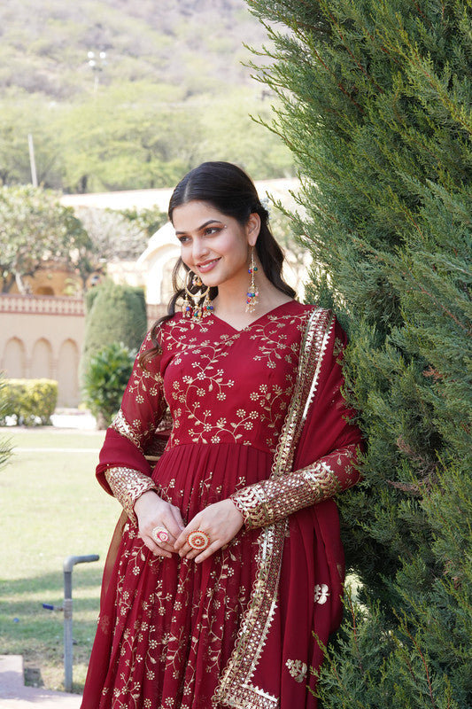 Jyoti Fashion Women's Maroon Faux Blooming Sequins Thread Embroidered Anarkali Dress with Dupatta